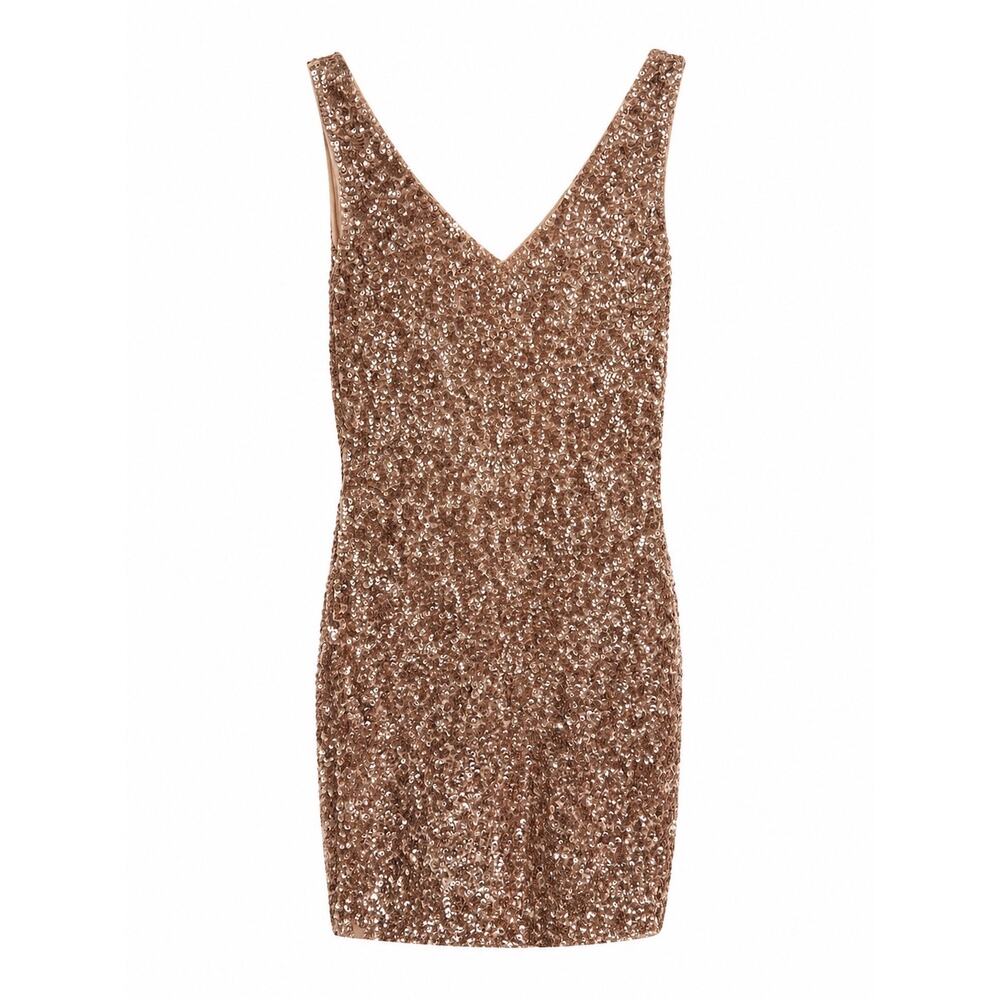 PrettyGuide Rose Gold Sequin Mini Dress Small Y2K Glam Birthday Cocktail V Neck